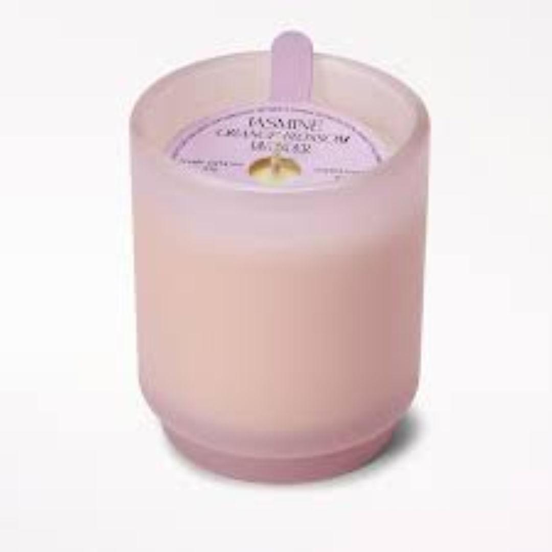 4.5 OZ JASMINE ORANGE PURPLE GLASS CANDLE 